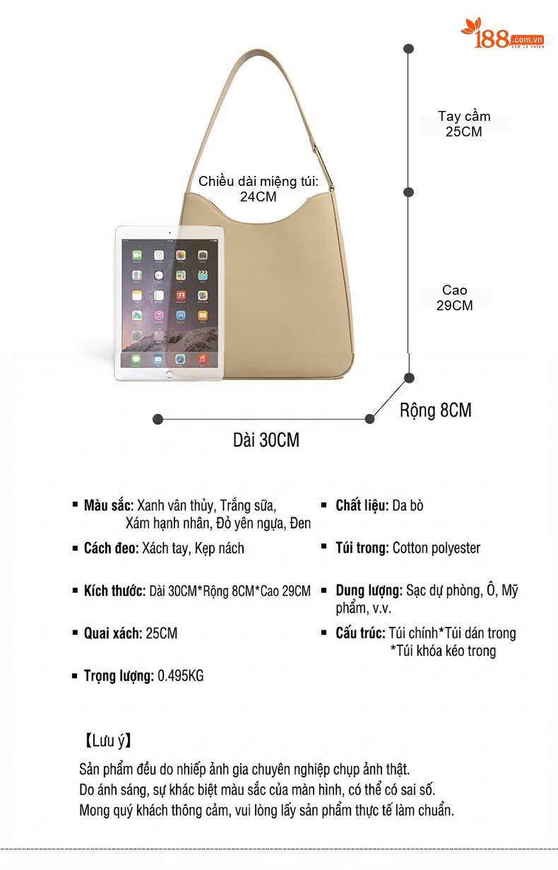 Túi Xách Nữ Da Bò Đeo Vai/Kẹp Nách Đơn Giản Phong Cách Thu Đông Màu Be, Nâu Đỏ chi tiết 8