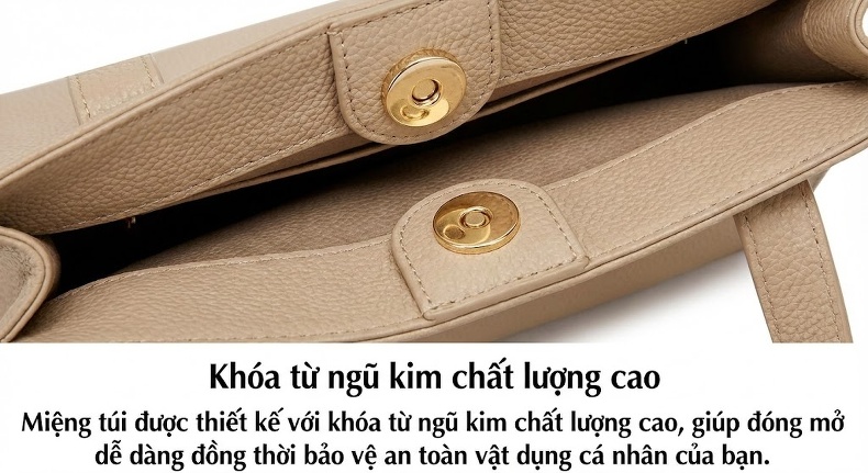 Túi Xách Nữ Da Bò Đeo Vai/Kẹp Nách Dung Tích Lớn Đơn Giản Màu Kem chi tiết 12