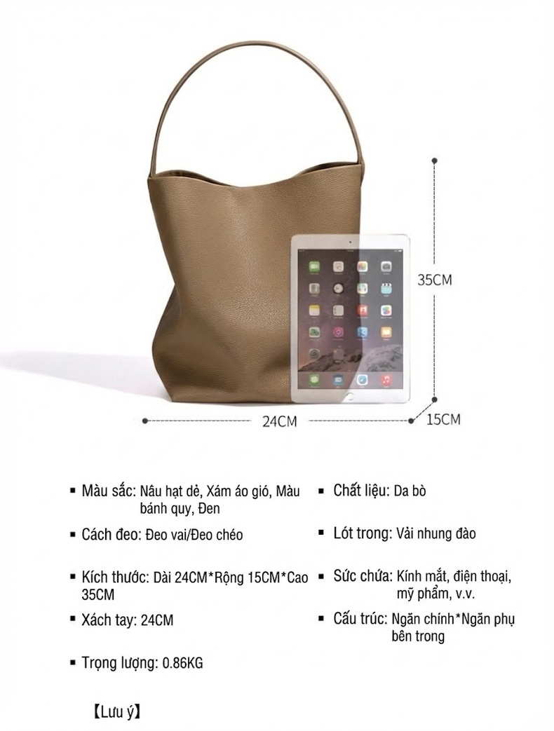 Túi Xách Nữ Da Bò Đeo Vai/Kẹp Nách Kiểu Bucket Lớn Đi Làm Thời Trang chi tiết 25
