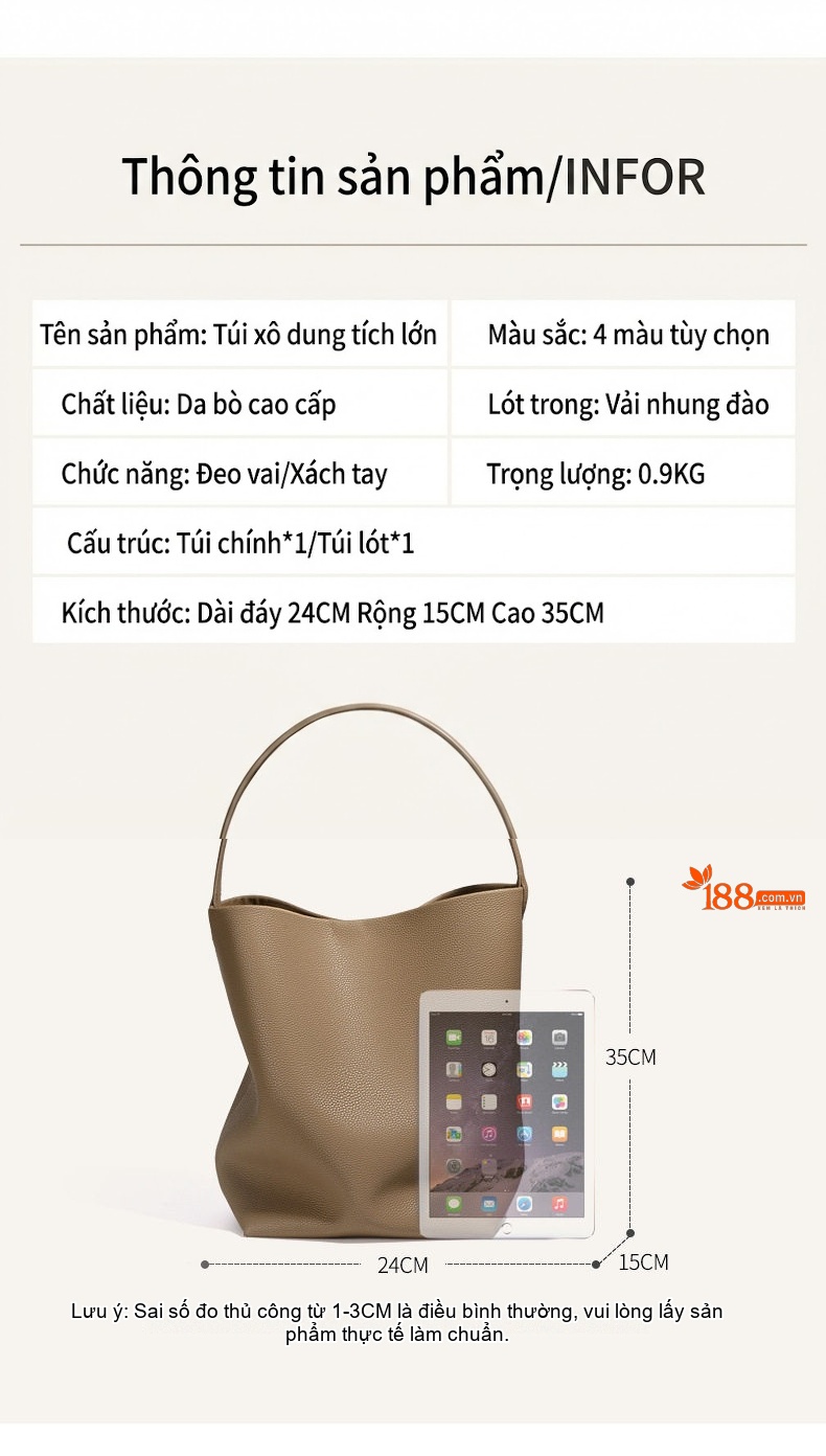 Túi Xách Nữ Da Bò Đeo Vai/Kẹp Nách Kiểu Bucket Lớn Đi Làm Thời Trang chi tiết 16