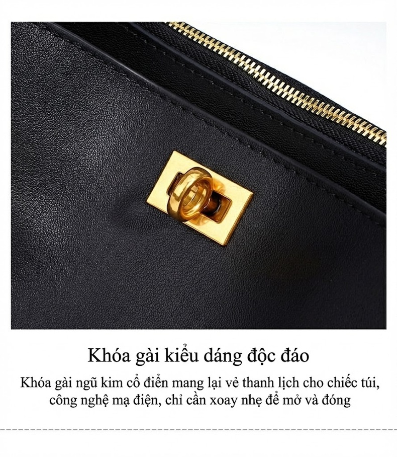 Túi Xách Nữ Da Bò Đeo Vai Khóa Gài Hình Hộp Nhỏ Màu Đen chi tiết 13