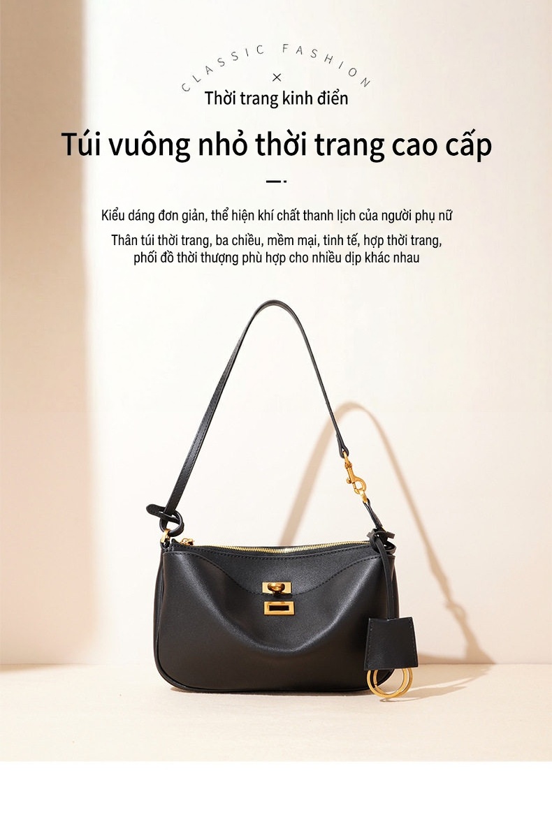Túi Xách Nữ Da Bò Đeo Vai Khóa Gài Hình Hộp Nhỏ Màu Đen chi tiết 1