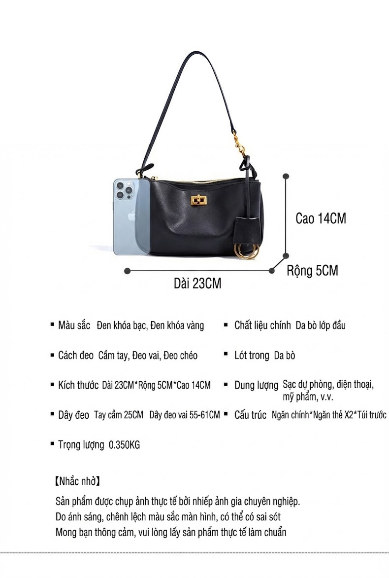 Túi Xách Nữ Da Bò Đeo Vai Khóa Gài Hình Hộp Nhỏ Màu Đen chi tiết 7