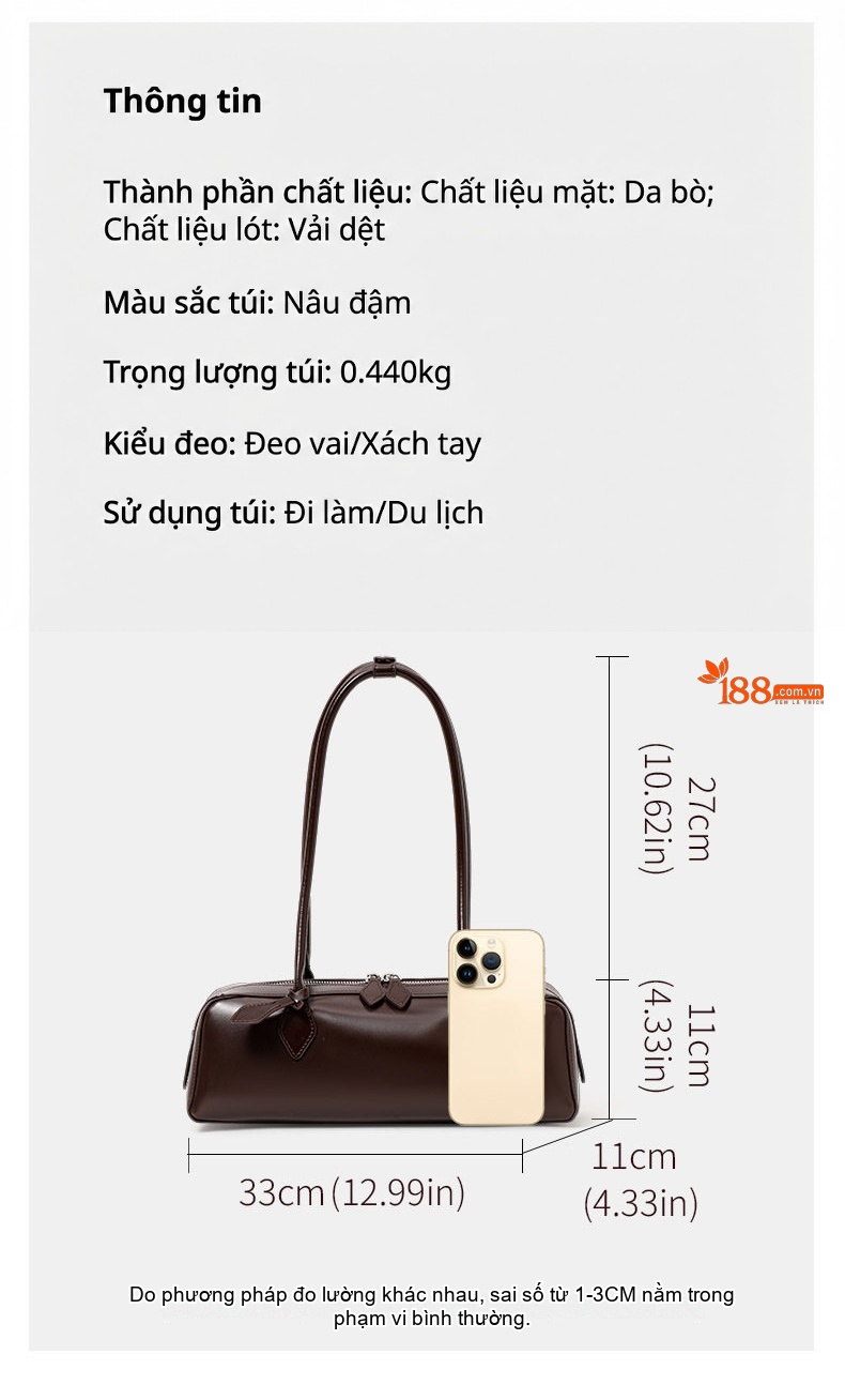 Túi Xách Nữ Da Bò Đeo Vai Thiết Kế Dáng Dài Màu Nâu Đậm chi tiết 3