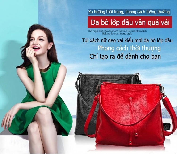 Túi Xách Nữ Da Bò Đeo Vai, Xách Tay, Đeo Chéo Kiểu Bucket Thanh Lịch Màu Đen chi tiết 1