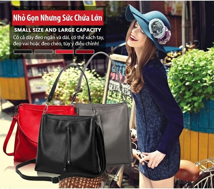 Túi Xách Nữ Da Bò Đeo Vai, Xách Tay, Đeo Chéo Kiểu Bucket Thanh Lịch Màu Đen chi tiết 2