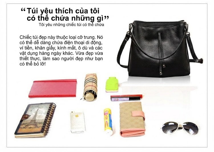 Túi Xách Nữ Da Bò Đeo Vai, Xách Tay, Đeo Chéo Kiểu Bucket Thanh Lịch Màu Đen chi tiết 15