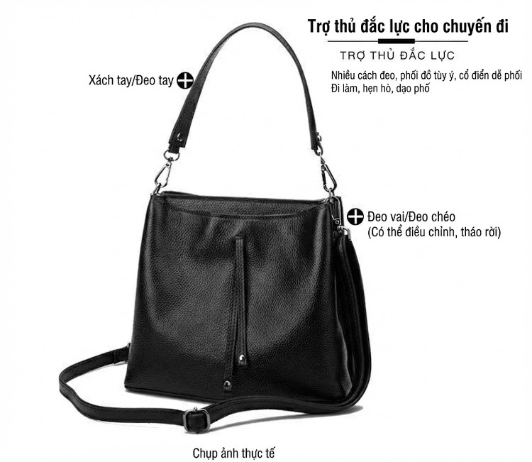 Túi Xách Nữ Da Bò Đeo Vai, Xách Tay, Đeo Chéo Kiểu Bucket Thanh Lịch Màu Đen chi tiết 16