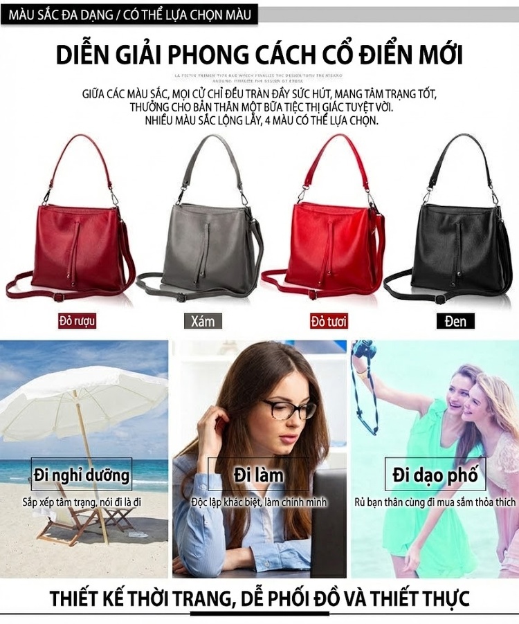 Túi Xách Nữ Da Bò Đeo Vai, Xách Tay, Đeo Chéo Kiểu Bucket Thanh Lịch Màu Đen chi tiết 4