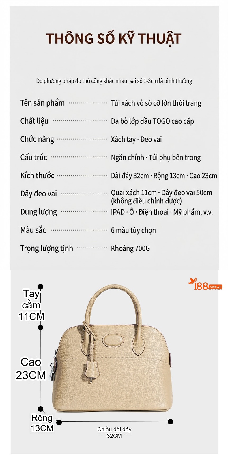 Túi Xách Nữ Da Bò Đeo Vai/Xách Tay Dung Tích Lớn Phong Cách Thời Trang Màu Be, Cam, Xanh Dương chi tiết 3