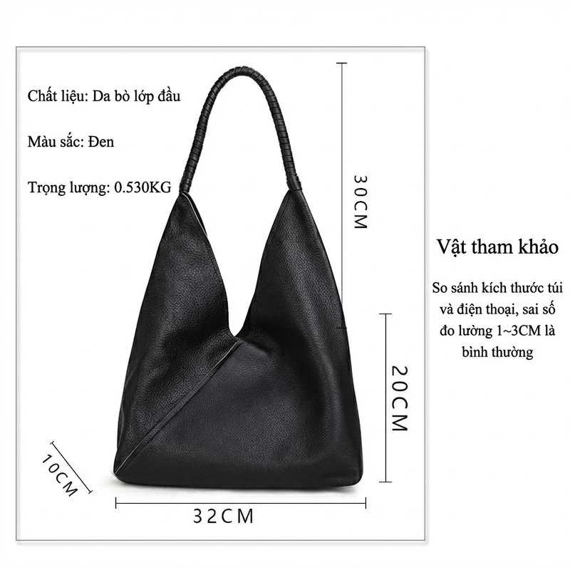 Túi Xách Nữ Da Bò Đeo Vai, Xách Tay, Túi Tote Lớn Màu Đen