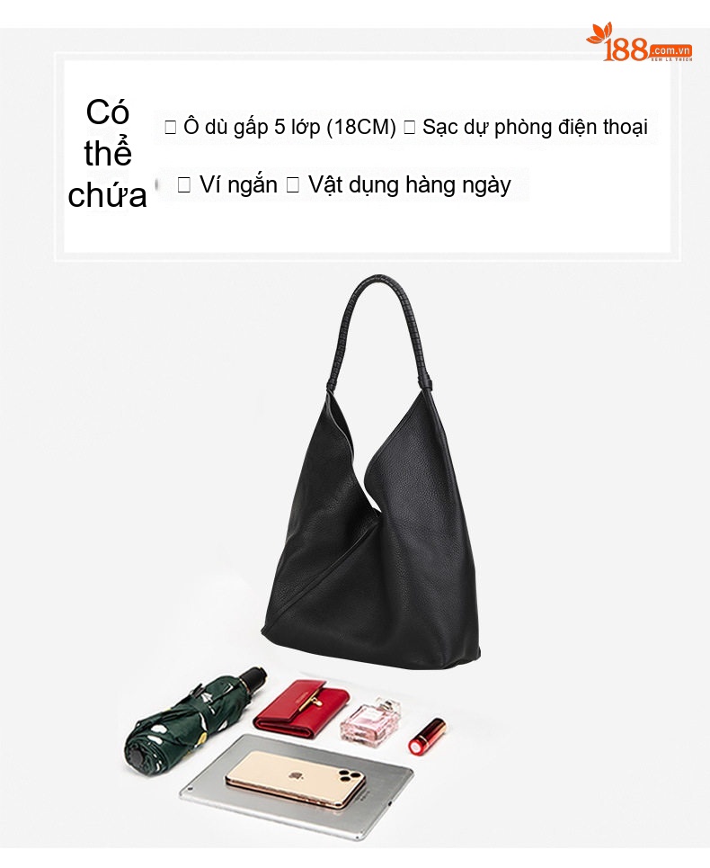 Túi Xách Nữ Da Bò Đeo Vai, Xách Tay, Túi Tote Lớn Màu Đen chi tiết 8
