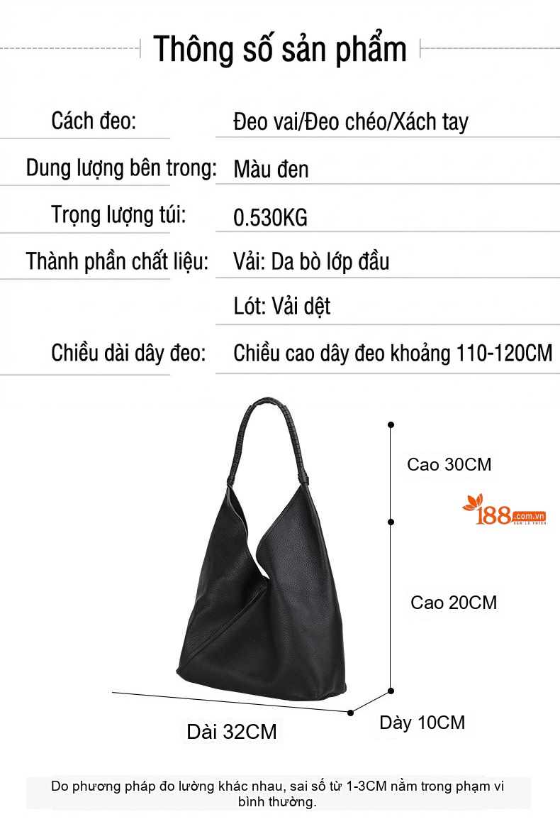 Túi Xách Nữ Da Bò Đeo Vai, Xách Tay, Túi Tote Lớn Màu Đen chi tiết 3