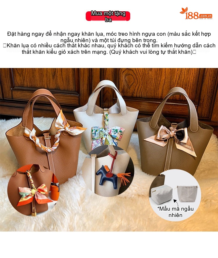 Túi Xách Nữ Da Bò Đựng Giỏ Rau Kiểu Bucket Cao Cấp Màu Xám, Nâu, Trắng, Vàng... chi tiết 1