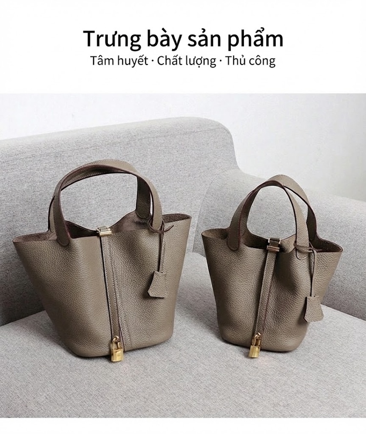 Túi Xách Nữ Da Bò Đựng Giỏ Rau Kiểu Bucket Cao Cấp Màu Xám, Nâu, Trắng, Vàng... chi tiết 7