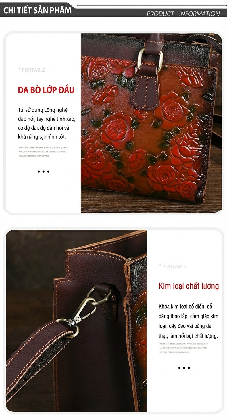 Túi Xách Nữ Da Bò Dung Tích Lớn Đeo Chéo, Đeo Vai, Xách Tay Dập Hoa Văn Màu Nâu Đỏ chi tiết 9
