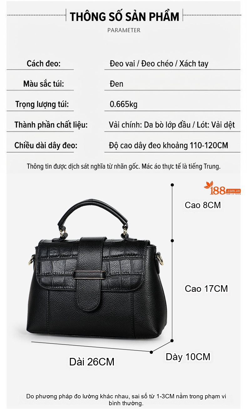 Túi Xách Nữ Da Bò Hai Dây Đeo Tay Cầm Quai Chéo Cao Cấp Màu Đen, Xám Xanh chi tiết 5