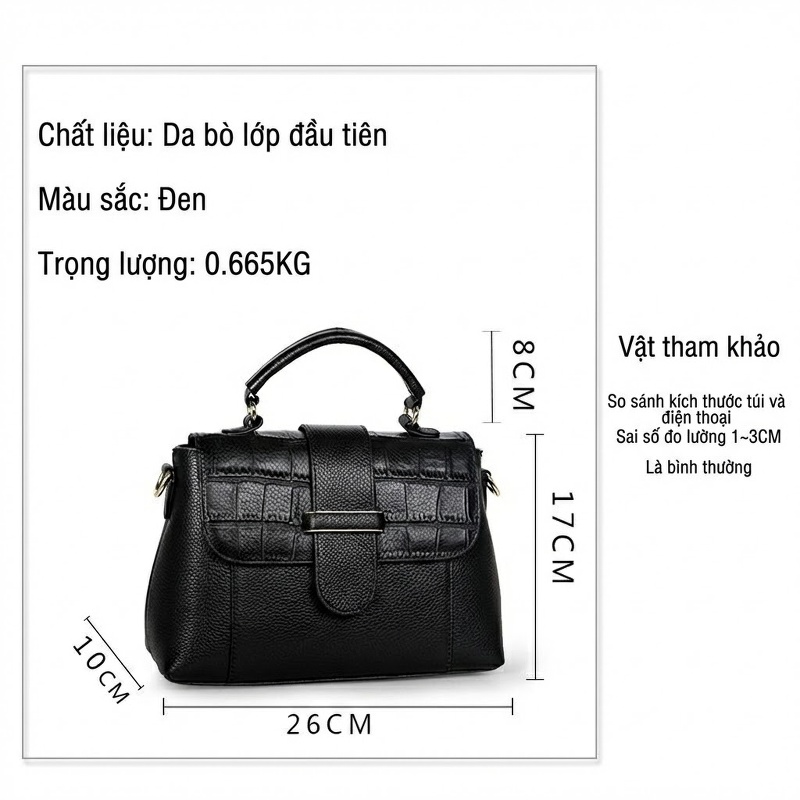 Túi Xách Nữ Da Bò Hai Dây Đeo Tay Cầm Quai Chéo Cao Cấp Màu Đen, Xám Xanh