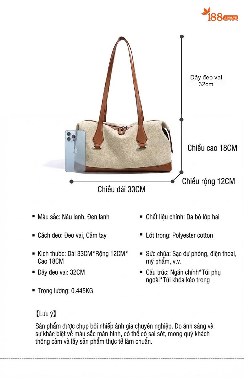 Túi Xách Nữ Da Bò Hai Lớp Retro Cỡ Lớn Đeo Vai, Xách Tay Phong Cách Boston Màu Be, Đen, Nâu chi tiết 8