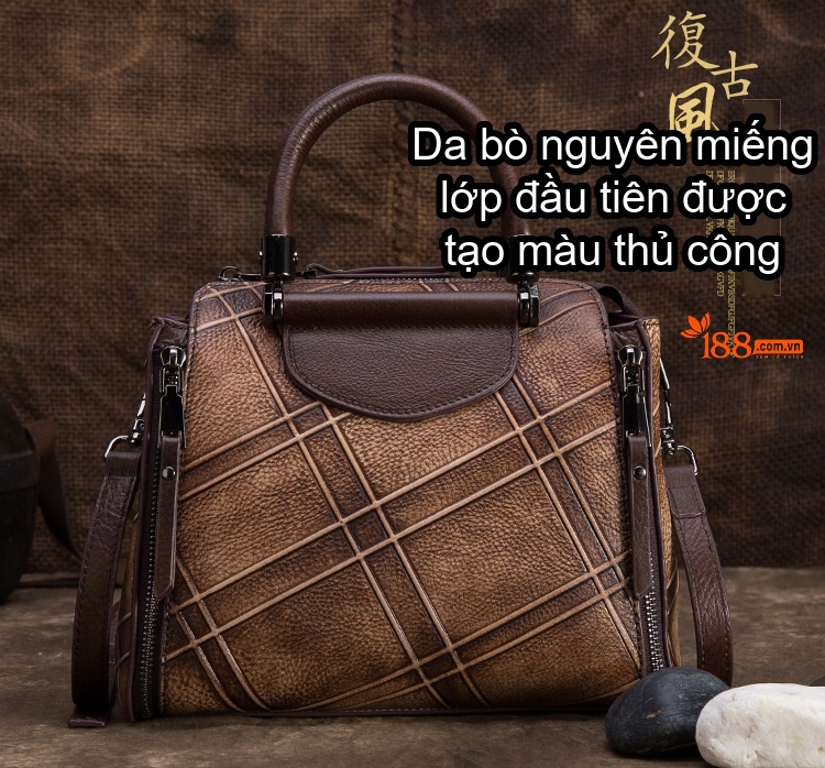 Túi Xách Nữ Da Bò Handbag Đeo Chéo Họa Tiết Retro Màu Đỏ, Vàng, Xám, Nâu... chi tiết 1
