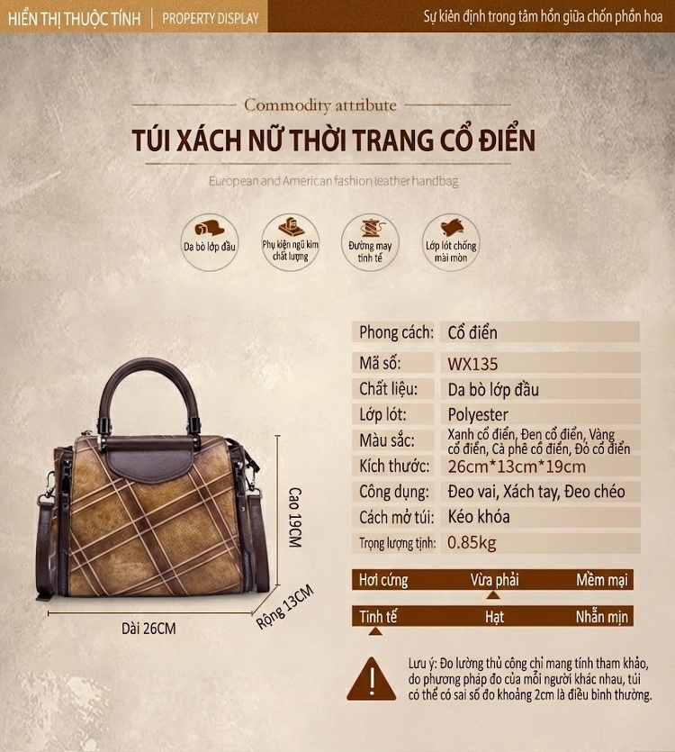 Túi Xách Nữ Da Bò Handbag Đeo Chéo Họa Tiết Retro Màu Đỏ, Vàng, Xám, Nâu... chi tiết 2