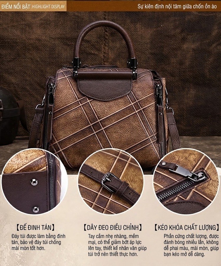 Túi Xách Nữ Da Bò Handbag Đeo Chéo Họa Tiết Retro Màu Đỏ, Vàng, Xám, Nâu... chi tiết 3