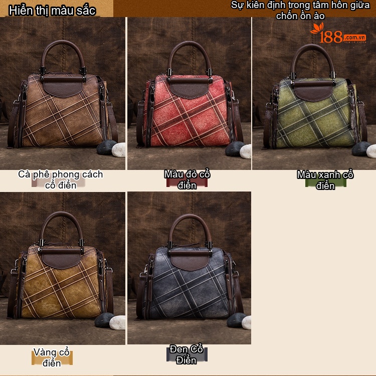 Túi Xách Nữ Da Bò Handbag Đeo Chéo Họa Tiết Retro Màu Đỏ, Vàng, Xám, Nâu... chi tiết 4