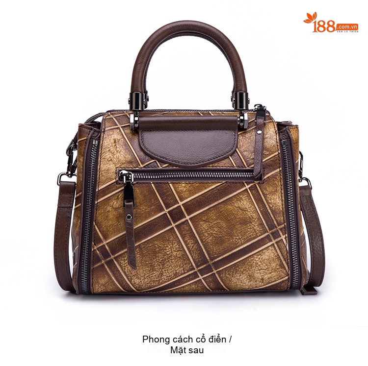 Túi Xách Nữ Da Bò Handbag Đeo Chéo Họa Tiết Retro Màu Đỏ, Vàng, Xám, Nâu... chi tiết 6