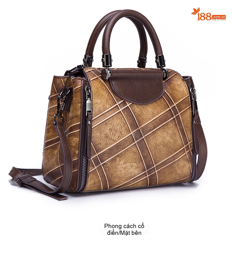 Túi Xách Nữ Da Bò Handbag Đeo Chéo Họa Tiết Retro Màu Đỏ, Vàng, Xám, Nâu... chi tiết 7