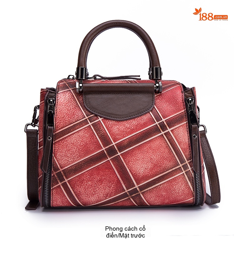 Túi Xách Nữ Da Bò Handbag Đeo Chéo Họa Tiết Retro Màu Đỏ, Vàng, Xám, Nâu... chi tiết 10