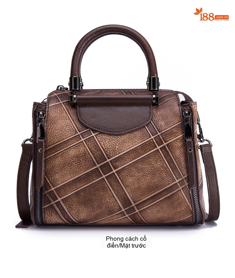 Túi Xách Nữ Da Bò Handbag Đeo Chéo Họa Tiết Retro Màu Đỏ, Vàng, Xám, Nâu... chi tiết 12