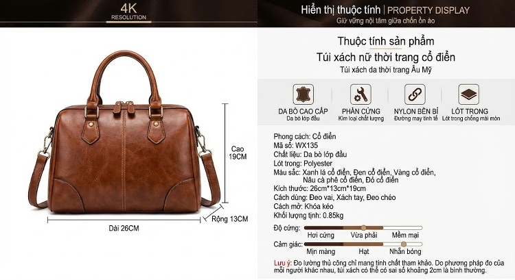 Túi Xách Nữ Da Bò Handbag Đeo Chéo Họa Tiết Retro Màu Đỏ, Vàng, Xám, Nâu... chi tiết 25