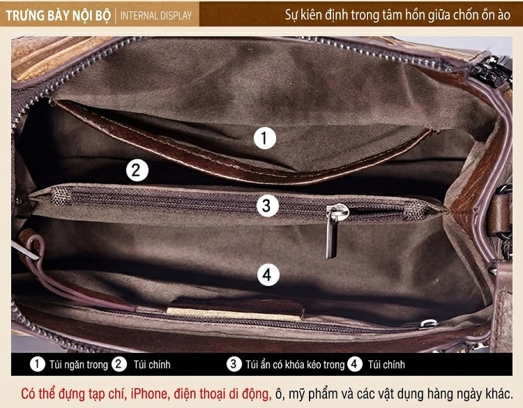 Túi Xách Nữ Da Bò Handbag Đeo Chéo Họa Tiết Retro Màu Đỏ, Vàng, Xám, Nâu... chi tiết 26