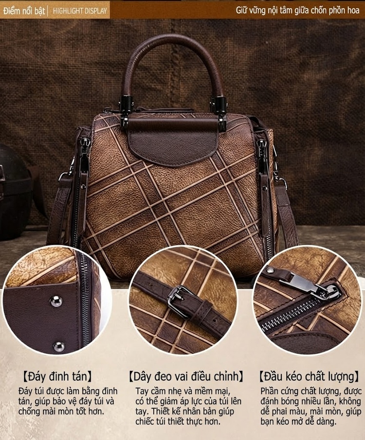 Túi Xách Nữ Da Bò Handbag Đeo Chéo Họa Tiết Retro Màu Đỏ, Vàng, Xám, Nâu... chi tiết 27
