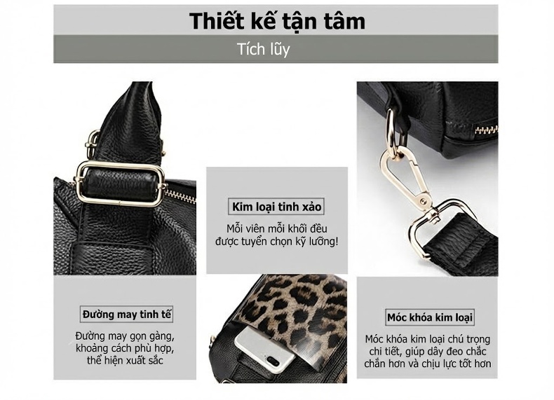 Túi Xách Nữ Da Bò Họa Tiết Da Báo Đeo Vai Đeo Chéo Tay Xách Màu Đen chi tiết 7