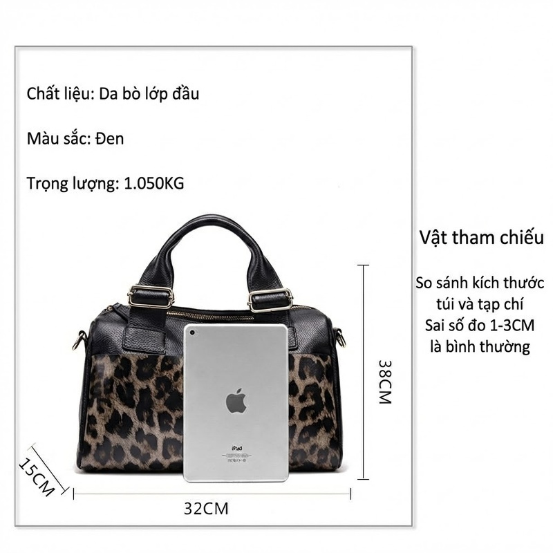 Túi Xách Nữ Da Bò Họa Tiết Da Báo Đeo Vai Đeo Chéo Tay Xách Màu Đen