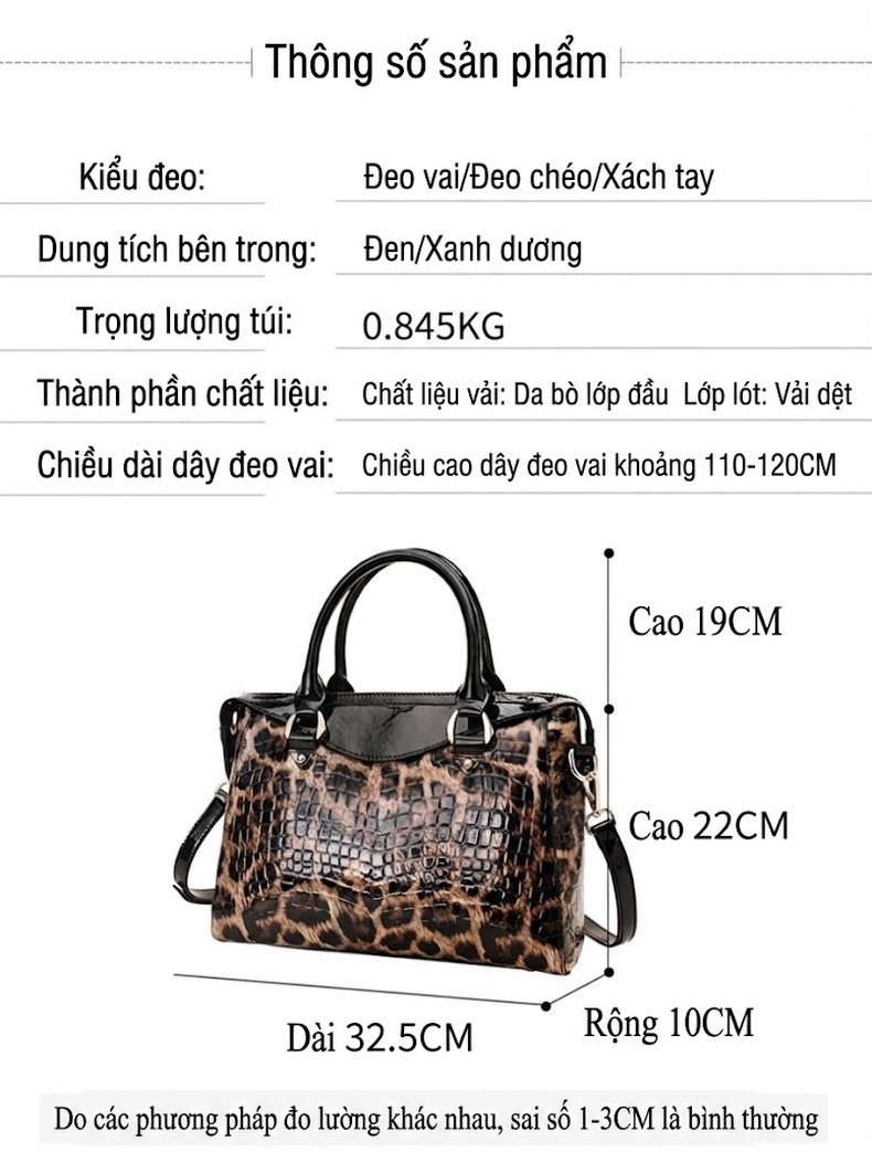 Túi Xách Nữ Da Bò Họa Tiết Da Báo Thời Trang Công Sở Đựng Laptop Màu Đen, Nâu chi tiết 3