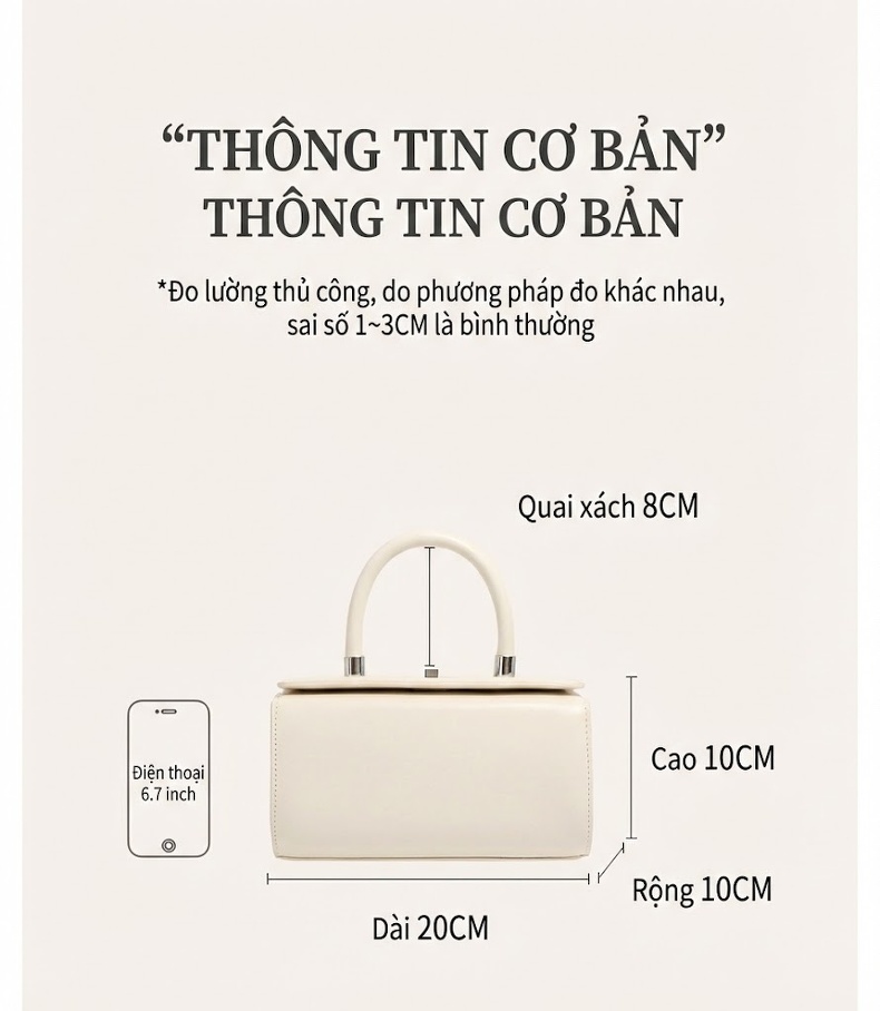 Túi Xách Nữ Da Bò Hộp Vuông Nhỏ Quai Xách Tay Đeo Chéo Màu Trắng, Đen chi tiết 7