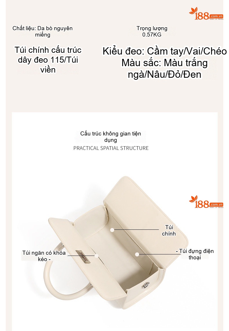 Túi Xách Nữ Da Bò Hộp Vuông Nhỏ Quai Xách Tay Đeo Chéo Màu Trắng, Đen chi tiết 8