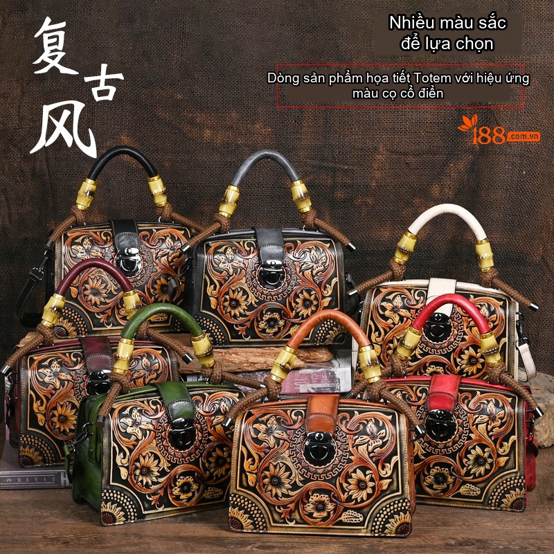 Túi Xách Nữ Da Bò Khắc Hoa Văn Cầm Tay Đeo Vai Thời Trang chi tiết 4