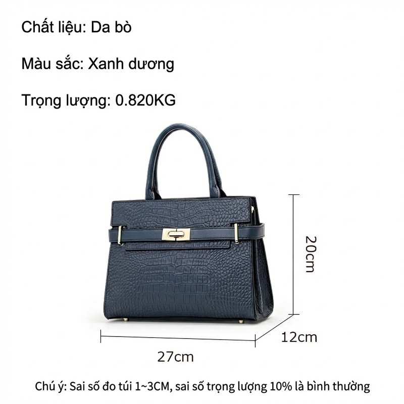 Túi Xách Nữ Da Bò Khóa Cài Họa Tiết Cá Sấu Màu Xanh Dương