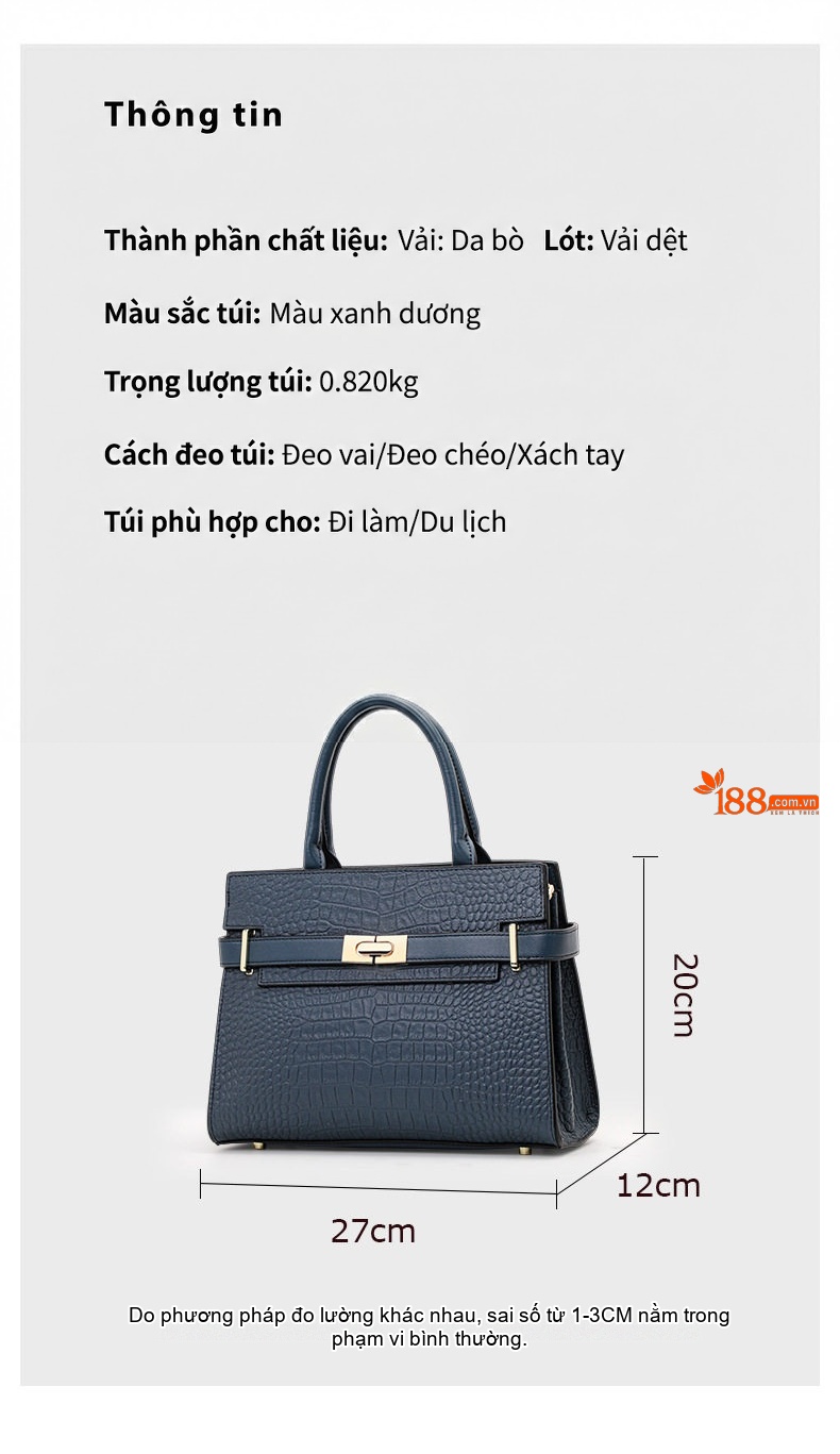 Túi Xách Nữ Da Bò Khóa Cài Họa Tiết Cá Sấu Màu Xanh Dương chi tiết 3