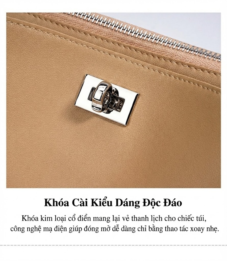 Túi Xách Nữ Da Bò Khóa Gài Đeo Vai/Đeo Chéo Thiết Kế Tối Giản Màu Đen, Kem, Nâu, Nâu Đậm chi tiết 14