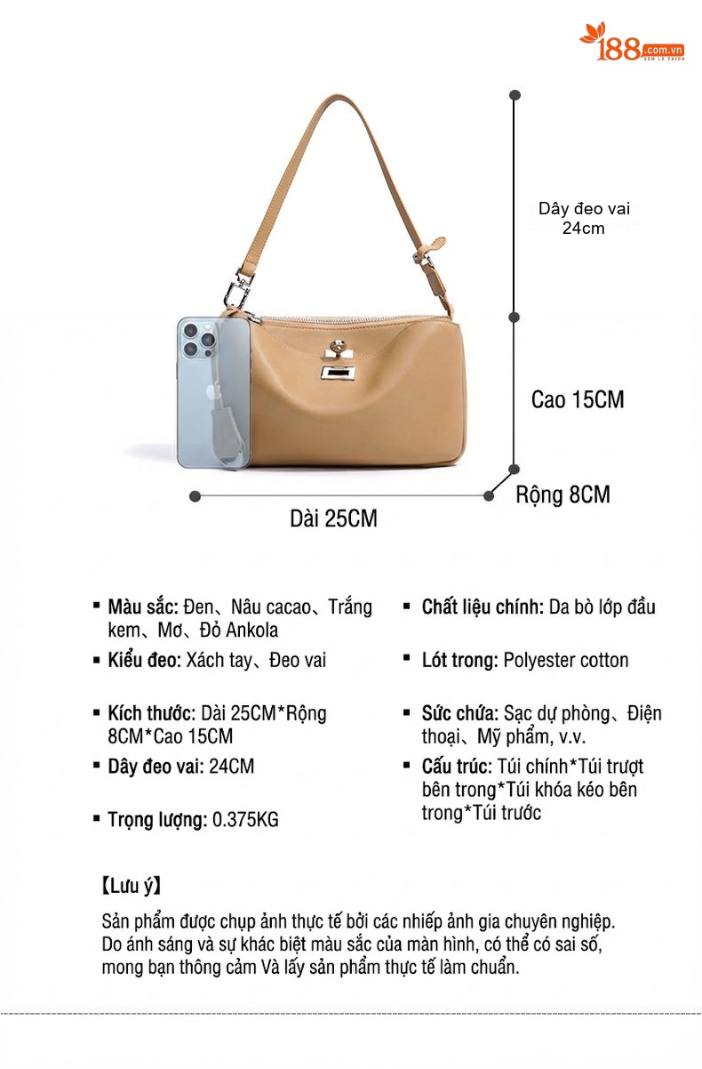 Túi Xách Nữ Da Bò Khóa Gài Đeo Vai/Đeo Chéo Thiết Kế Tối Giản Màu Đen, Kem, Nâu, Nâu Đậm chi tiết 9