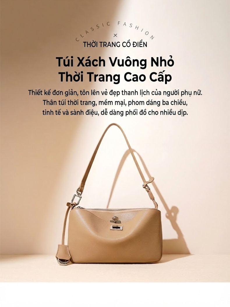 Túi Xách Nữ Da Bò Khóa Gài Đeo Vai/Đeo Chéo Thiết Kế Tối Giản Màu Đen, Kem, Nâu, Nâu Đậm chi tiết 2