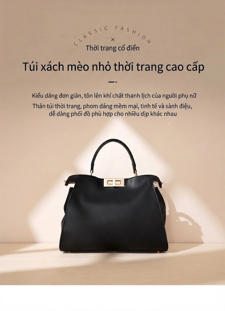 Túi Xách Nữ Da Bò Khóa Xoay Cỡ Lớn Đeo Chéo Đeo Vai Màu Đen chi tiết 1