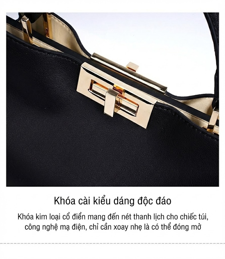 Túi Xách Nữ Da Bò Khóa Xoay Cỡ Lớn Đeo Chéo Đeo Vai Màu Đen chi tiết 11