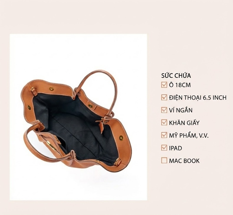 Túi Xách Nữ Da Bò Lớn Đựng Vừa A4 Kiểu Dáng Bánh Dumpling Cao Cấp Màu Nâu chi tiết 5
