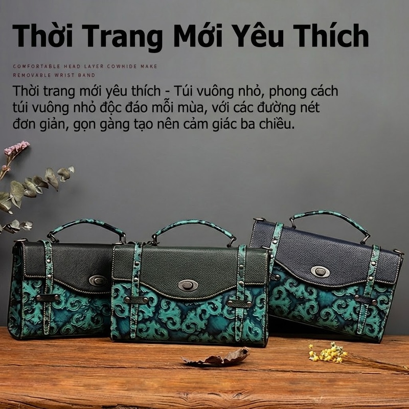 Túi Xách Nữ Da Bò Mini Dáng Hộp Chữ Nhật Đeo Vai, Đeo Chéo Màu Đen, Xanh