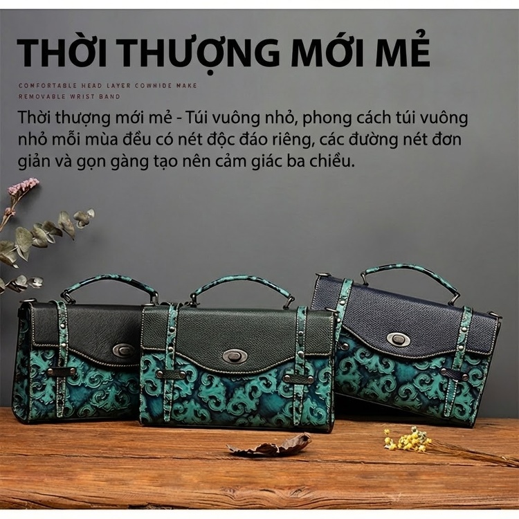 Túi Xách Nữ Da Bò Mini Dáng Hộp Chữ Nhật Đeo Vai, Đeo Chéo Màu Đen, Xanh chi tiết 2